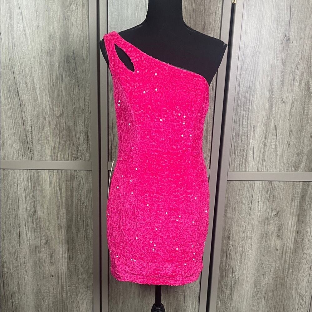 NWT Wear Your Love Barbie pink sequin one-shoulder cutout  mini dress women's M